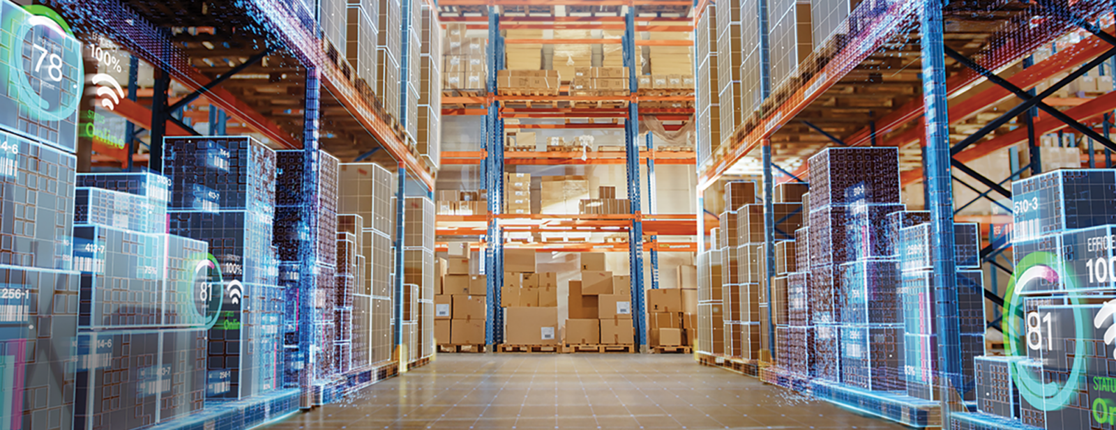 Aircraft parts inventory with digital overlays in a warehouse setting.