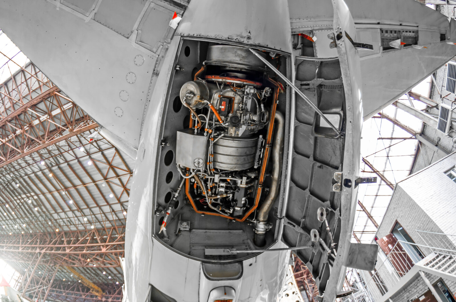 Aircraft APU engine inside the aircraft fuselage for maintenance and leasing.